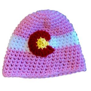 Handmade Pink Knit Beanie With Colorado Flag Design Hat For Toddlers